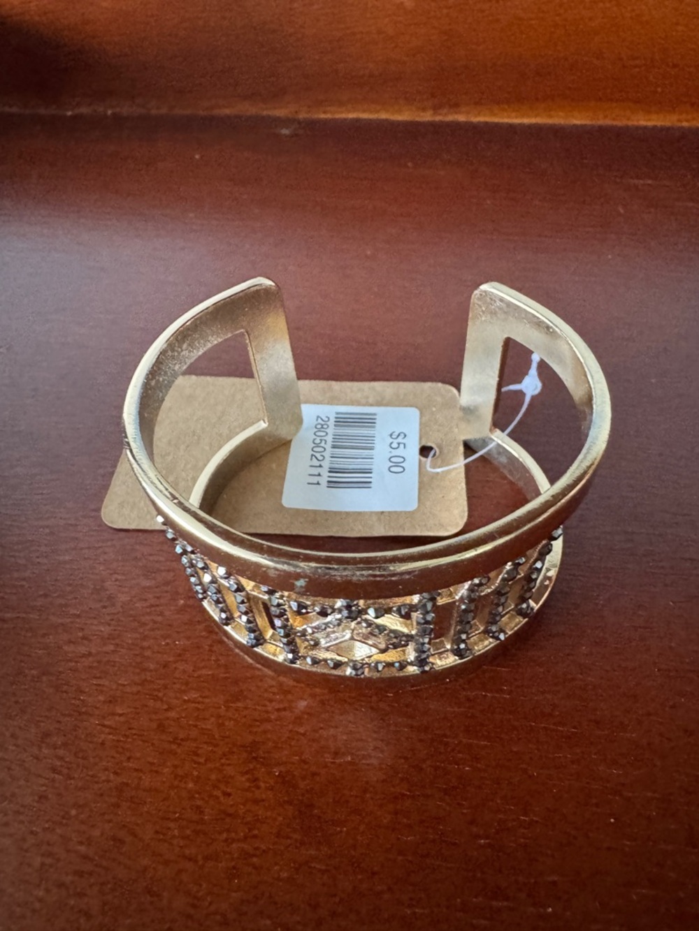 Source Unknown Gold Tone Open Cuff Bracelet with Clear Rhinestones